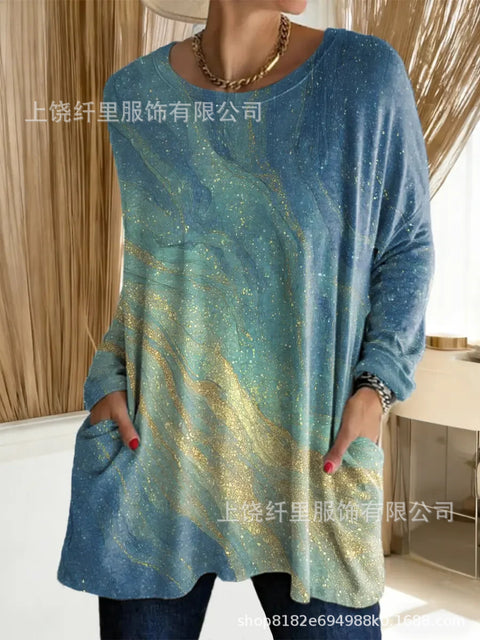 T-shirt pull à manches longues et col rond pour femme, imprimé en 3D, m303192