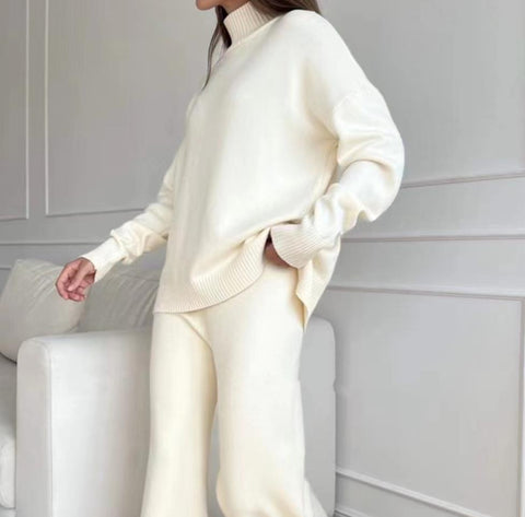 High-necked knitted suit women's autumn and winter lazy wind hair wide-leg pants two-piece set m301785
