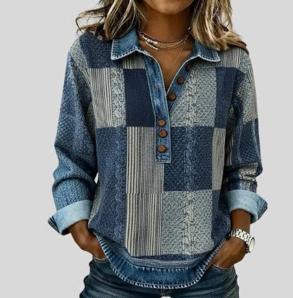 Denim collar long-sleeved pullover stitching knitted sweater top FF303306