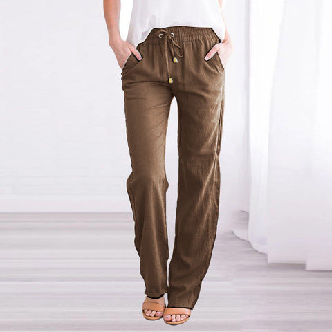 Solid color cotton and linen loose drawstring casual wide-leg trousers women's m301572