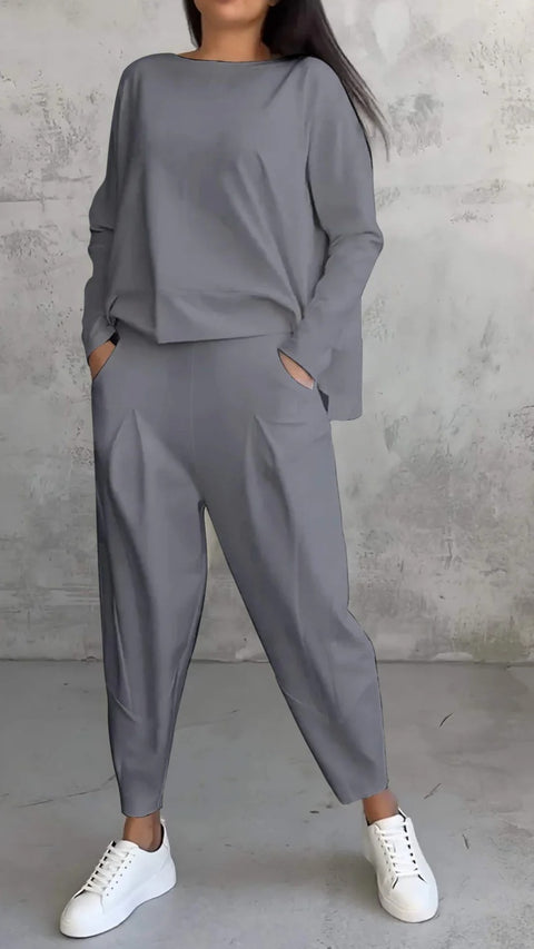 Women's solid color round neck long-sleeved suit women's pocket pants trousers m301510