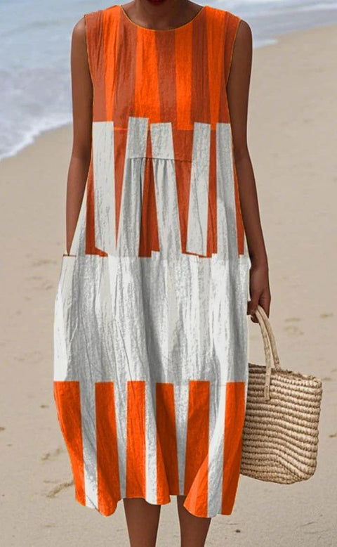 Summer sleeveless pocket casual print temperament long dress dress m302454