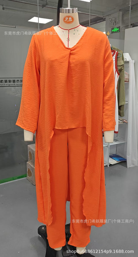 Women's summer pocket V-neck 2-piece set solid color loose women's clothing m301501