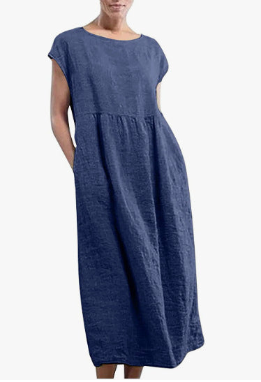 Solid color sleeveless loose cotton and linen pocket dress m301608