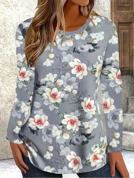 3D printed women's casual flower crew neck long-sleeved t-shirt top m301719
