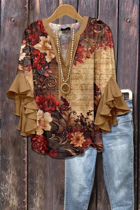 Creative floral element printing digital printing casual trend V-neck lotus edge T-shirt women's m301769