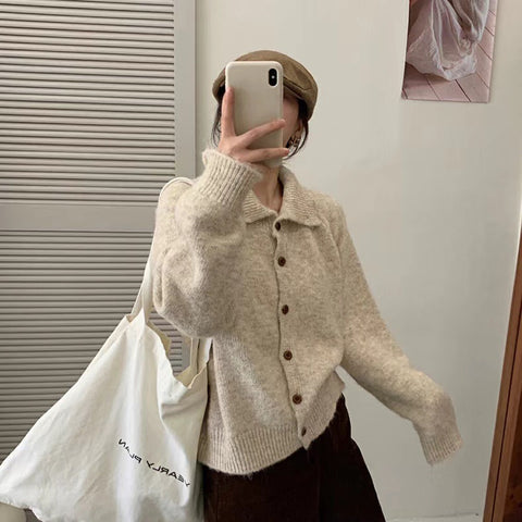 New high-necked wooden buckle long-sleeved plush cardigan jacket for women m302132