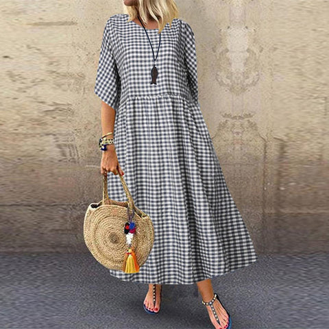 Spring plaid plaid literary temperament short-sleeved round neck pendulum dress m303191