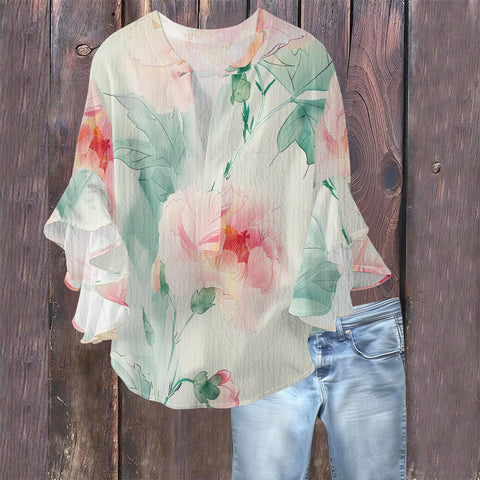 Creative floral element printing digital printing casual trend V-neck lotus edge T-shirt women's m301769