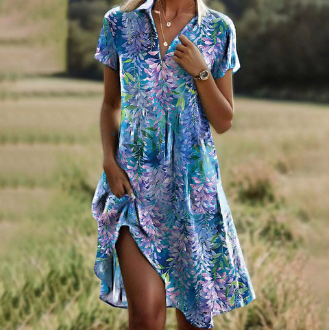Crew neck short sleeve long dress bohemian print dress m300908