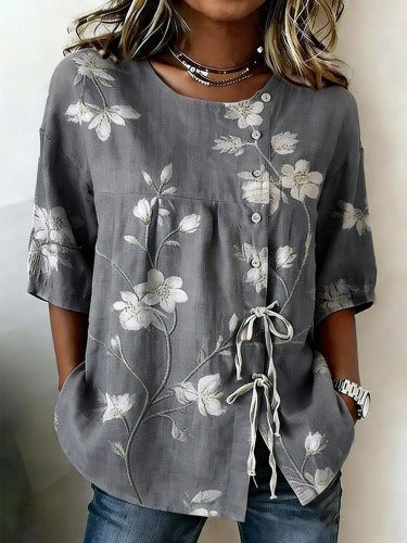 Temperament women's long-sleeved shirt printed top lace-up shirt m302925