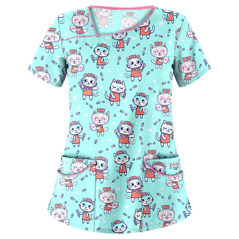 Printed V-neck short-sleeved pocket T-shirt women's top m301596