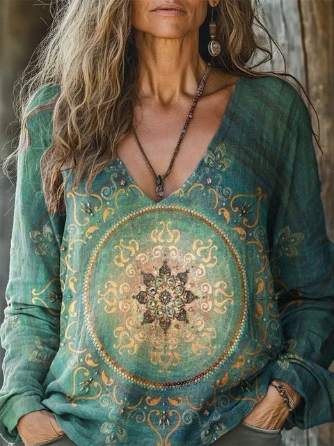 casual V-neck long-sleeved pullover loose digital printing women's top T-shirt m301736