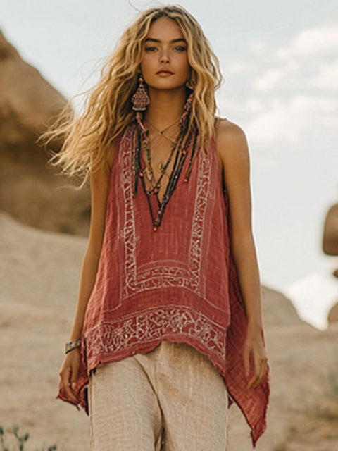 Plant flower print V-neck ethnic tribal vest top m301533