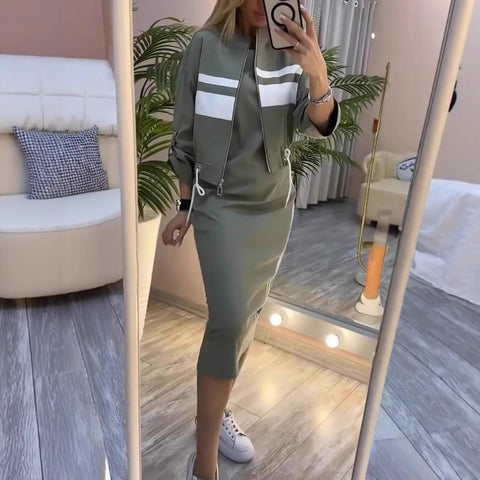 Hip Wrap Over Knee White Stripe Edge Dress Zipper Jacket Jacket Set Women's m302331