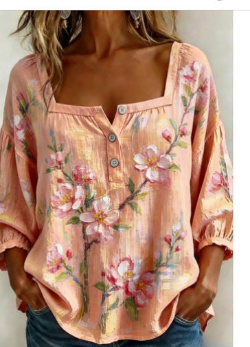Floral print 3-button elegant wide neck top m302847