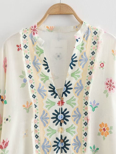 Linen blend printed dress m300692