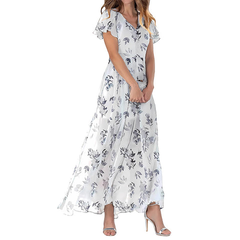 Big pendulum long dress V-neck short-sleeved printed chiffon dress m301544