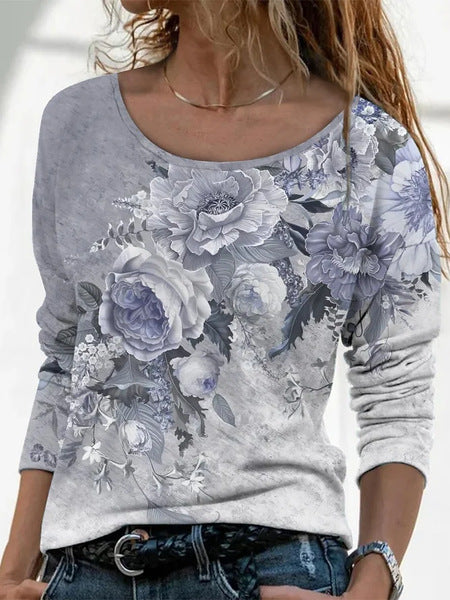 3D printed women's casual flower crew neck long-sleeved t-shirt top m301719