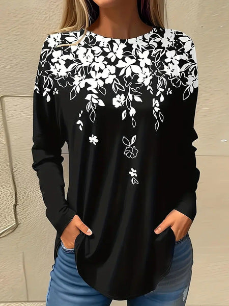 3D printed women's casual flower crew neck long-sleeved t-shirt top m301719