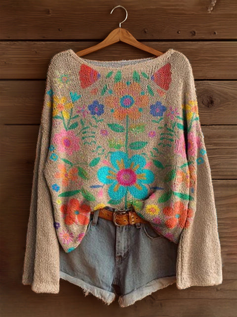 Vacation print casual cape top crew neck knitted sweater m302130