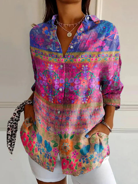 3D digital printing abstract pattern women's long-sleeved buckle linen shirt m302749-01