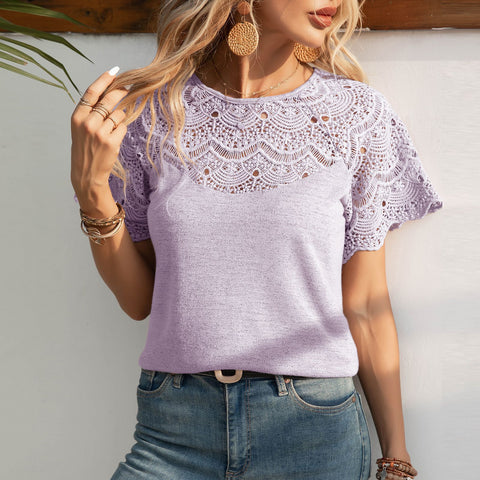 New European and American fashion crew neck lace splicing shoulder-plugged short-sleeved T-shirt top m302094