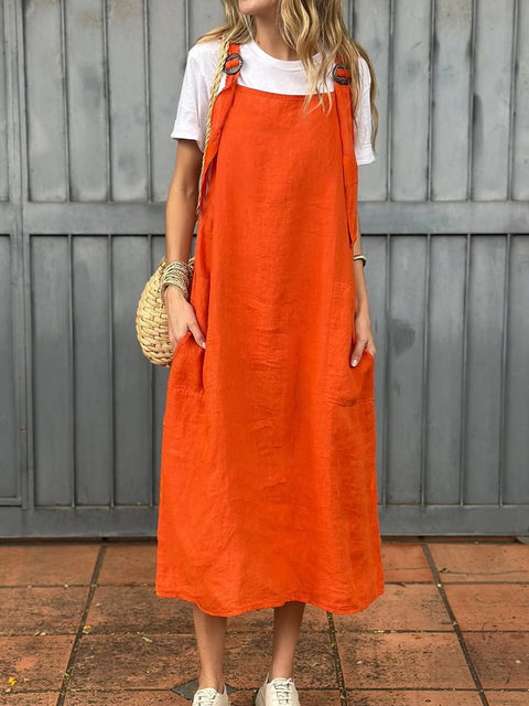 Women's fashion adjustable shoulder strap casual cotton and linen dress m302048