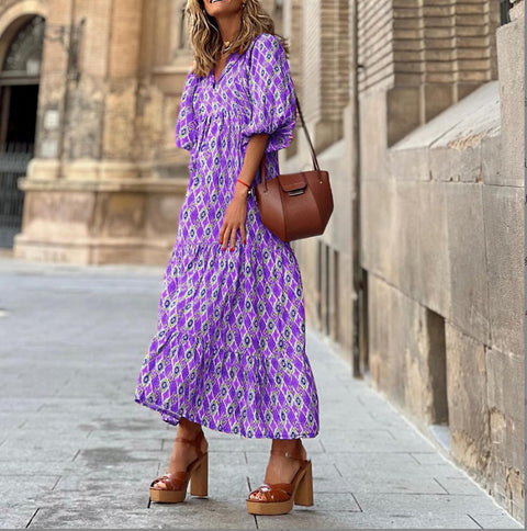 Geometric print bubble sleeve dress street fried street skirt m300902
