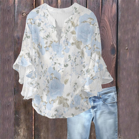 Creative floral element printing digital printing casual trend V-neck lotus edge T-shirt women's m301769