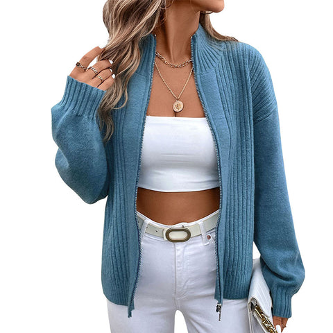 Autumn and winter women's clothing stand-up collar solid color cardigan sweater jacket m300624