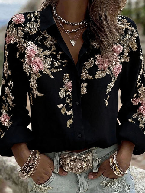 Chemise femme boutonnée à manches longues et revers fleuri m303076