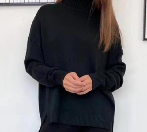 High-necked knitted suit women's autumn and winter lazy wind hair wide-leg pants two-piece set m301785