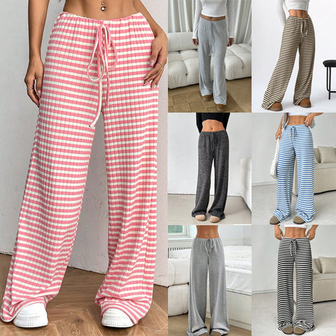 New casual striped solid color rubber band pull rope cotton straight pants m301650