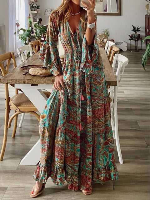 Bohemian Flared Sleeve Printed V-Neck High Waist Vacation Dress m300709