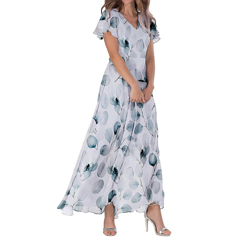 Big pendulum long dress V-neck short-sleeved printed chiffon dress m301544