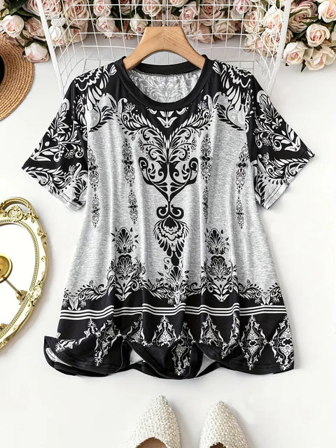 Retro printed cotton short-sleeved T-shirt early spring new versatile crew neck bottoming shirt m301287
