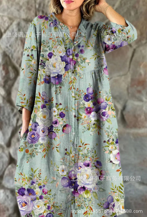 Women's Loose Crew Neck Fashion Premium Long Sleeve Printed Shirt Dress m301050