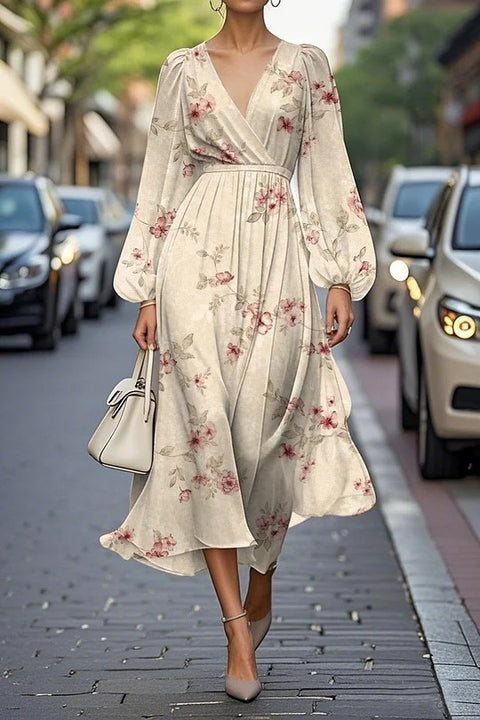 Floral series pattern 3D printing series casual women's V long dress m302129