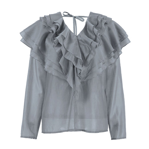 French niche V-neck ruffle leaf edge backless long-sleeved shirt temperament casual versatile European and American style m301820