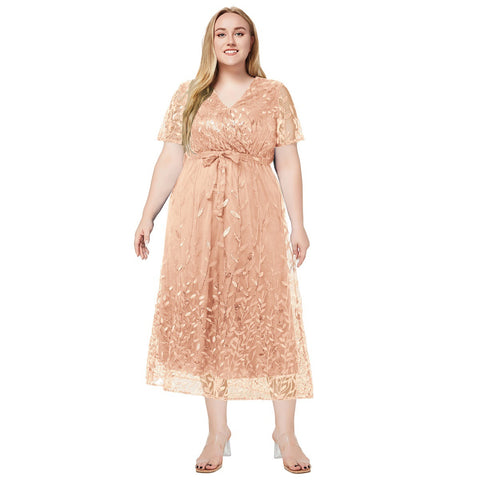Women's summer new V-neck short-sleeved bead dress dress m301574