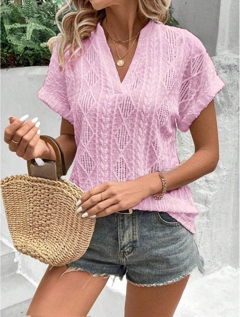 New casual hollow jacquard v-neck loose short-sleeved shirt women's m302694