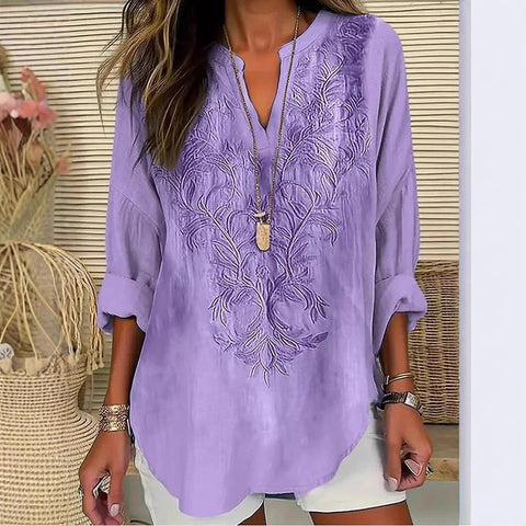 Small V-neck long-sleeved floral simple casual temperament T-shirt m302763