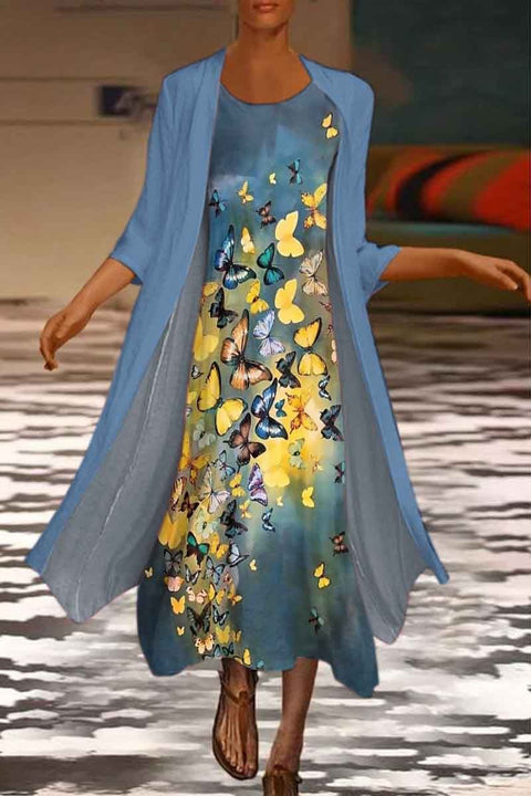 New women's long dress two-piece set flower and grass print crew neck dress m301251