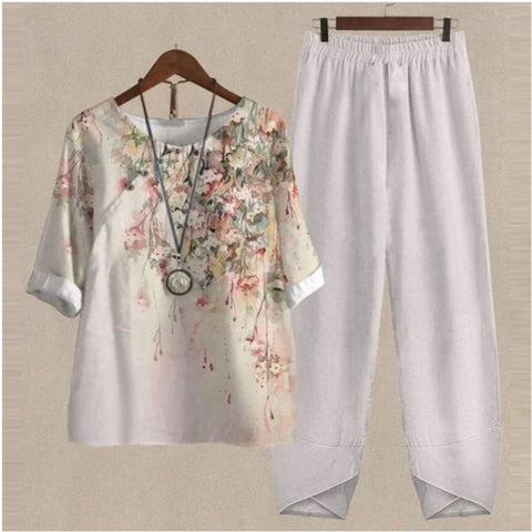 Split sleeved printed top and pants two-piece set m300036