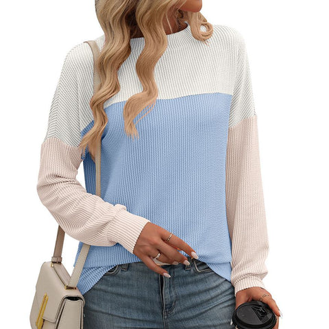 New round neck twist strip color matching long sleeve loose T-shirt women's m300963