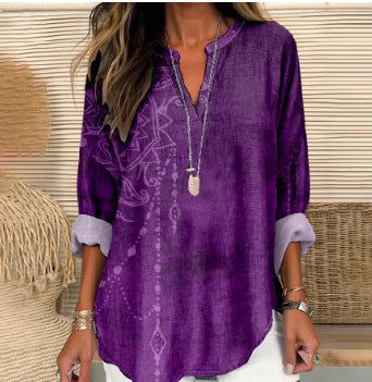 Small V-neck long-sleeved floral simple casual temperament T-shirt m302763