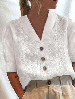 women's V-neck loose casual five-quarter sleeve embroidered top m301713