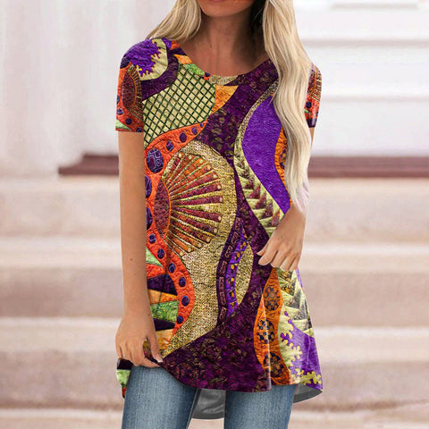 Popular round neck casual ethnic style retro printed short-sleeved T-shirt m301756