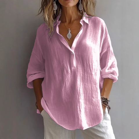Solid color casual loose long-sleeved linen V-neck shirt m301732